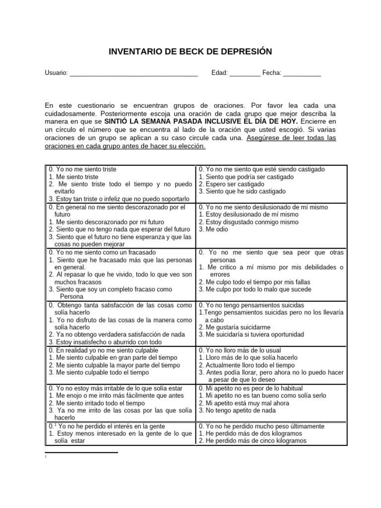 Cuestionario de Depresión Beck | PDF
