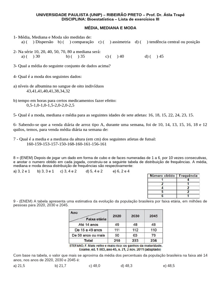 Exercícios de Média, Moda e Mediana | PDF