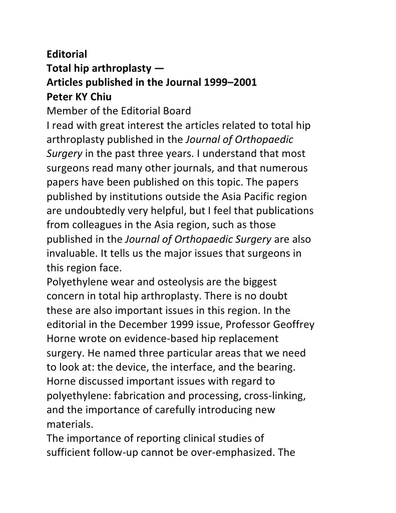 Editorial Total hip arthroplasty — Articles published in the Journal