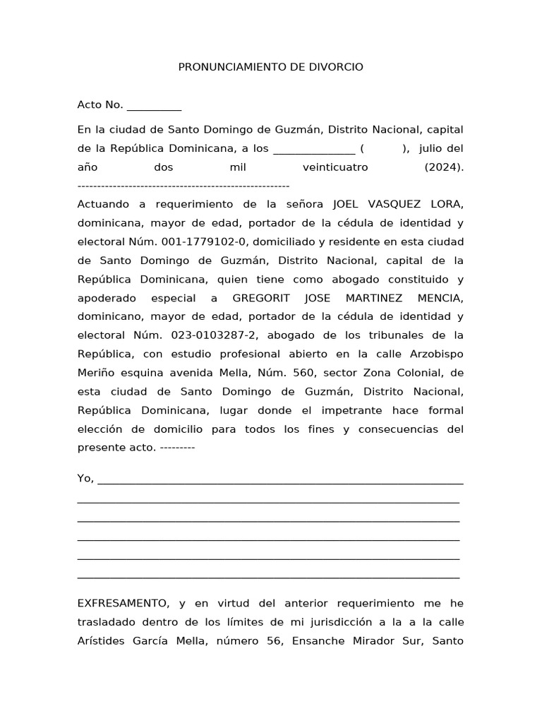 Pronunciamiento de Divorcio 2024 | PDF | República Dominicana | Justicia
