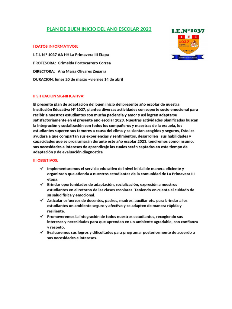 Plan de Inicio Del Año Escolar Marzo 2023 | PDF | Amor