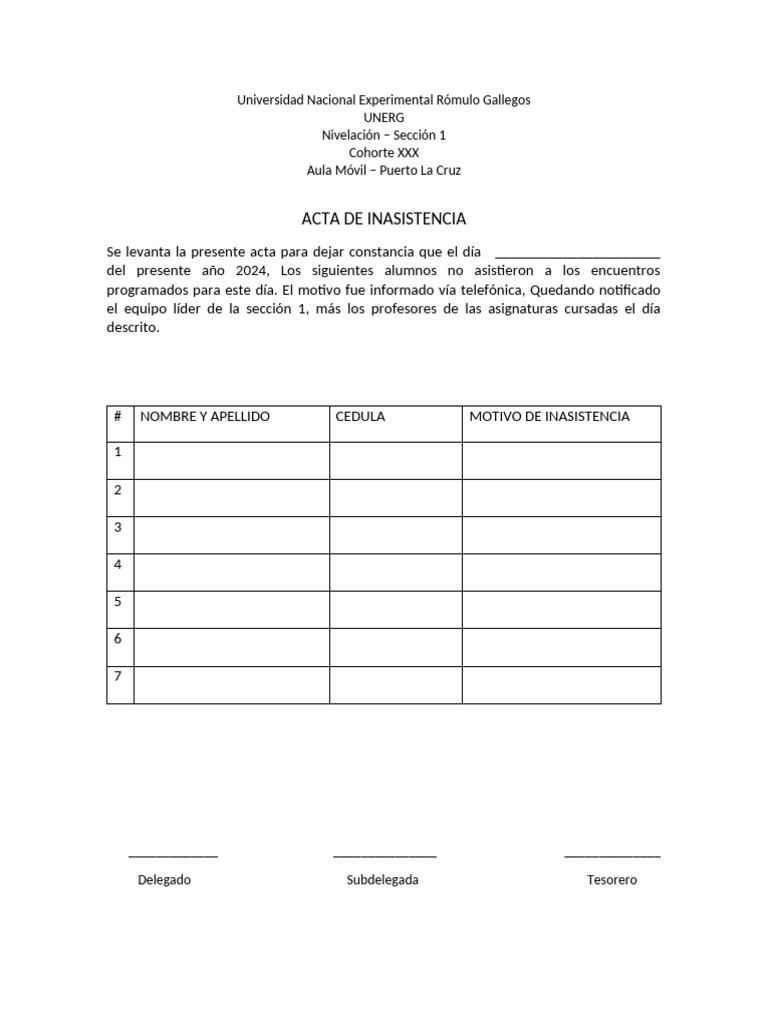 Acta de Inasistencia UNERG 2024 | PDF