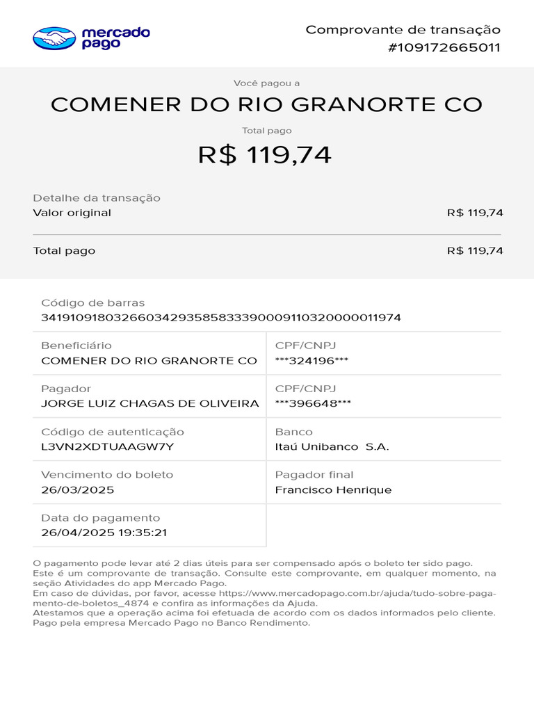 Comprovante de Pagamento - Comener do Rio | PDF