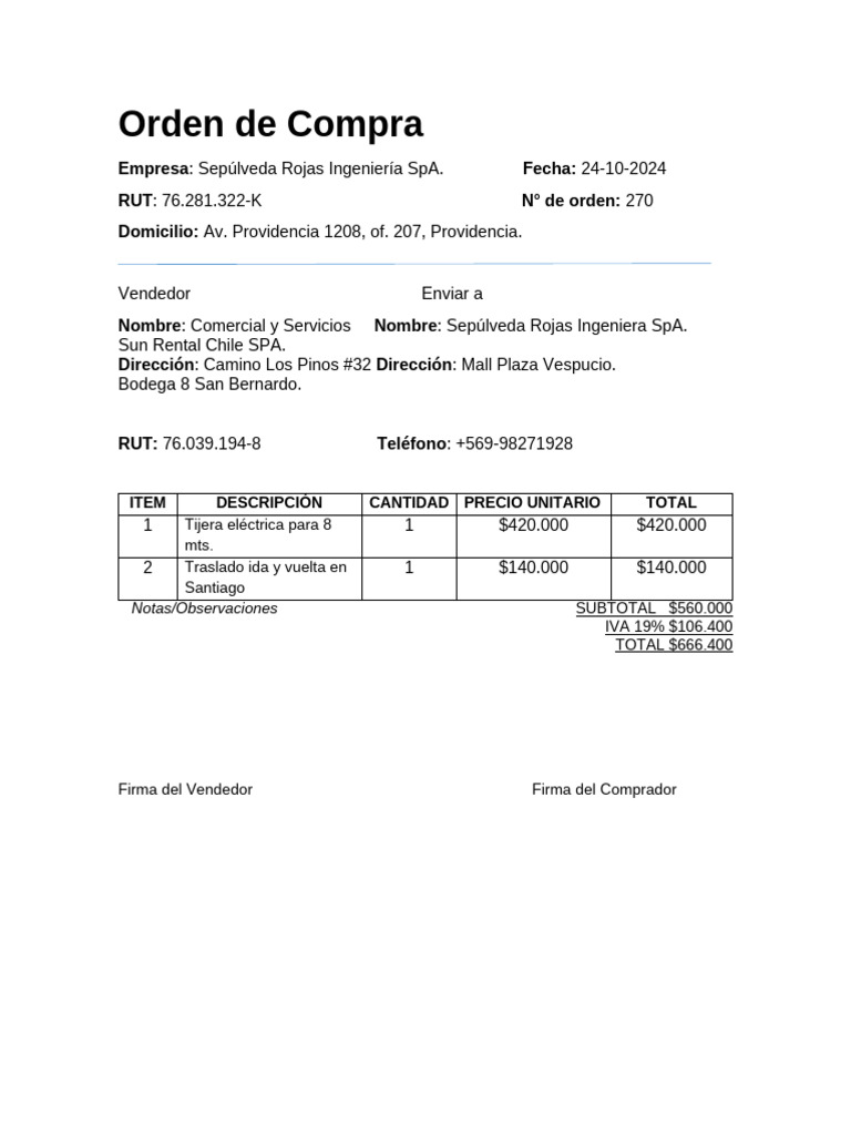 Orden de Compra Sepúlveda Rojas SpA | PDF