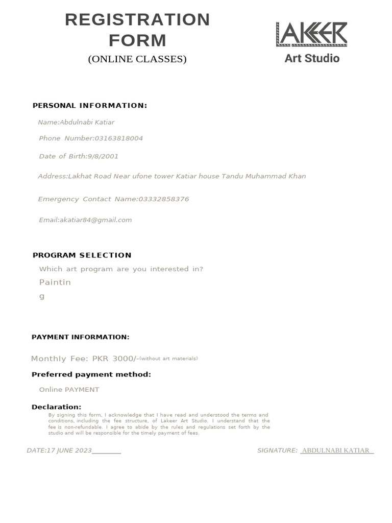 Online Art Class Registration Form | PDF