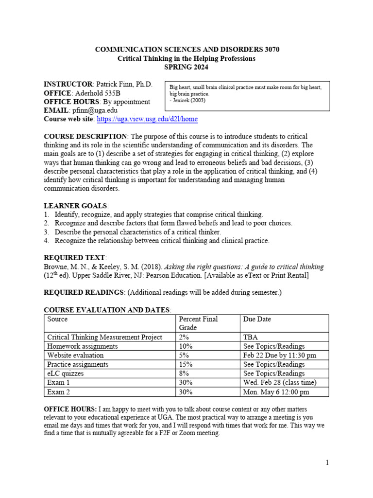 CMSD 3070 Syllabus - Spring 2024.R3 | PDF | Critical Thinking | Homework