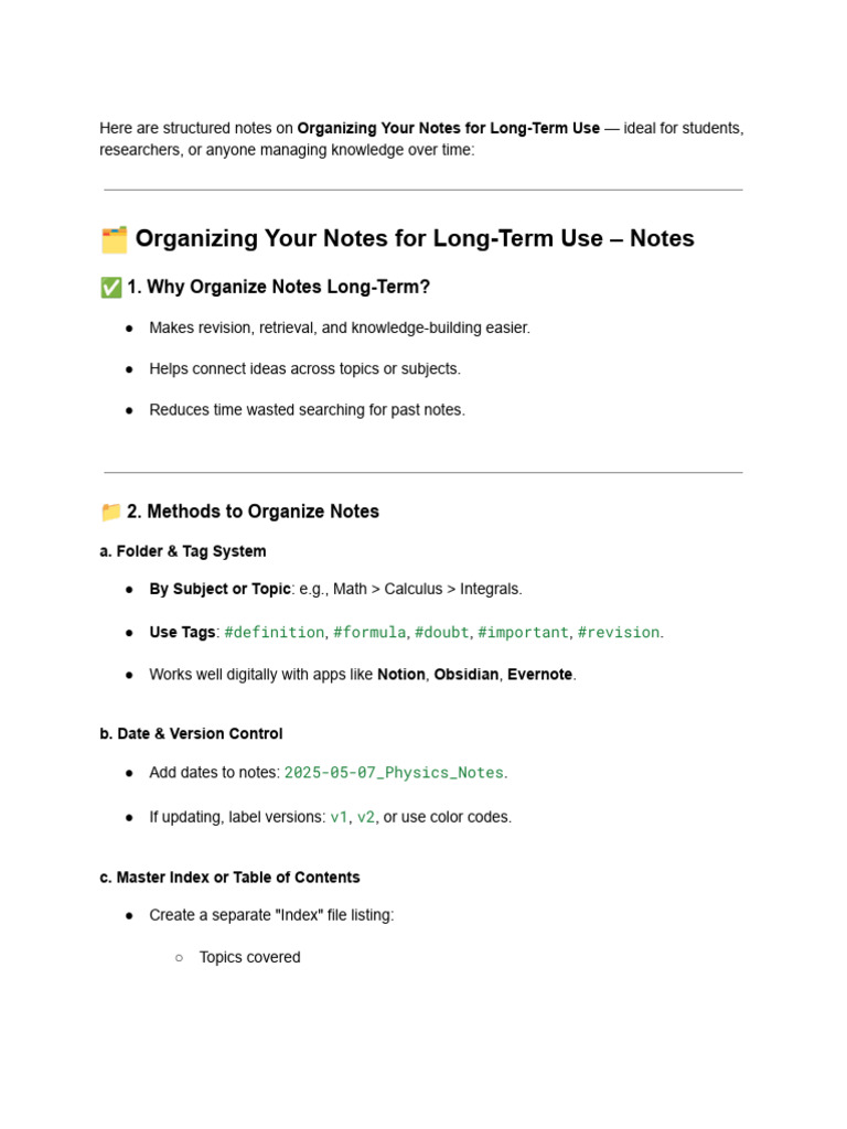 Organizing Your Notes For Long-Term Use | PDF