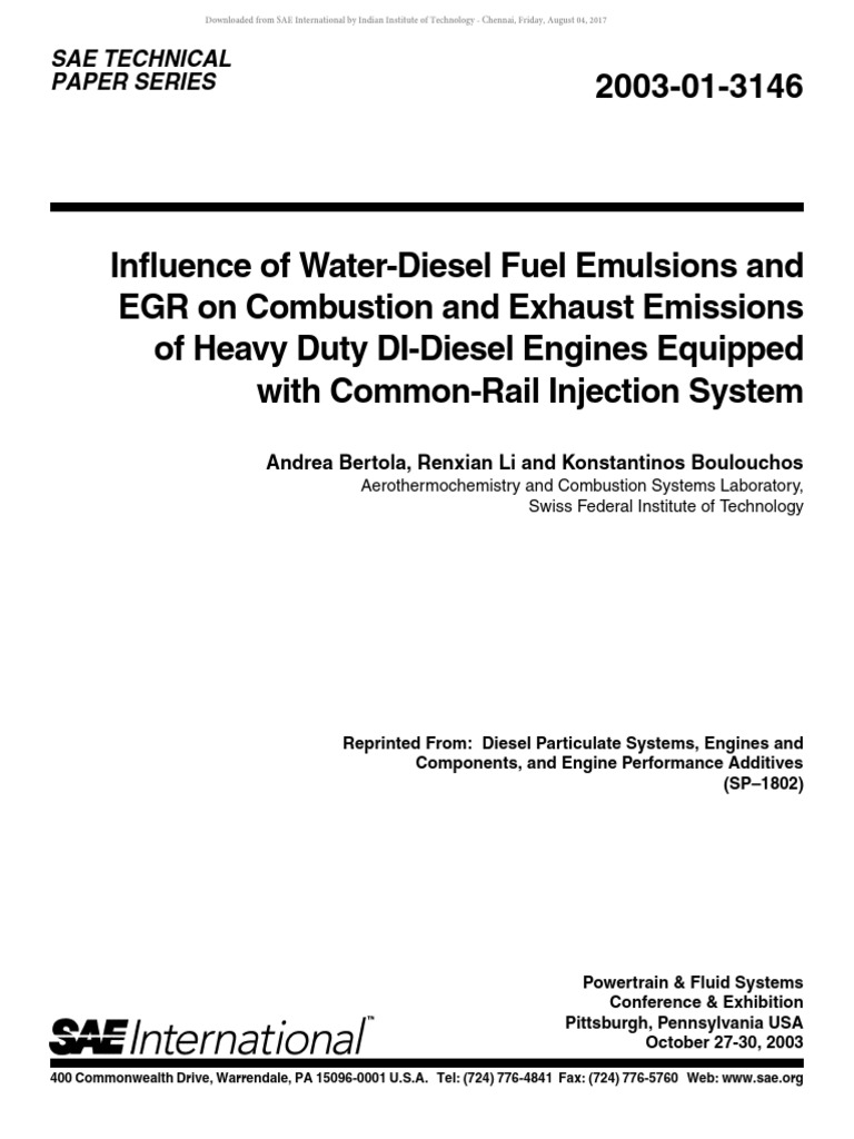 2003-01-3146 - Influence of Emulsion and EGR in HDDE CRDI Engine | PDF ...