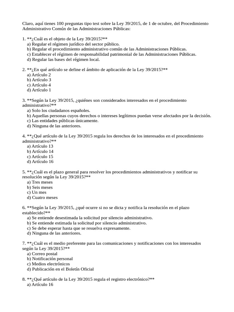Test de la Ley 39/2015: 100 Preguntas | PDF | Gobierno | Justicia