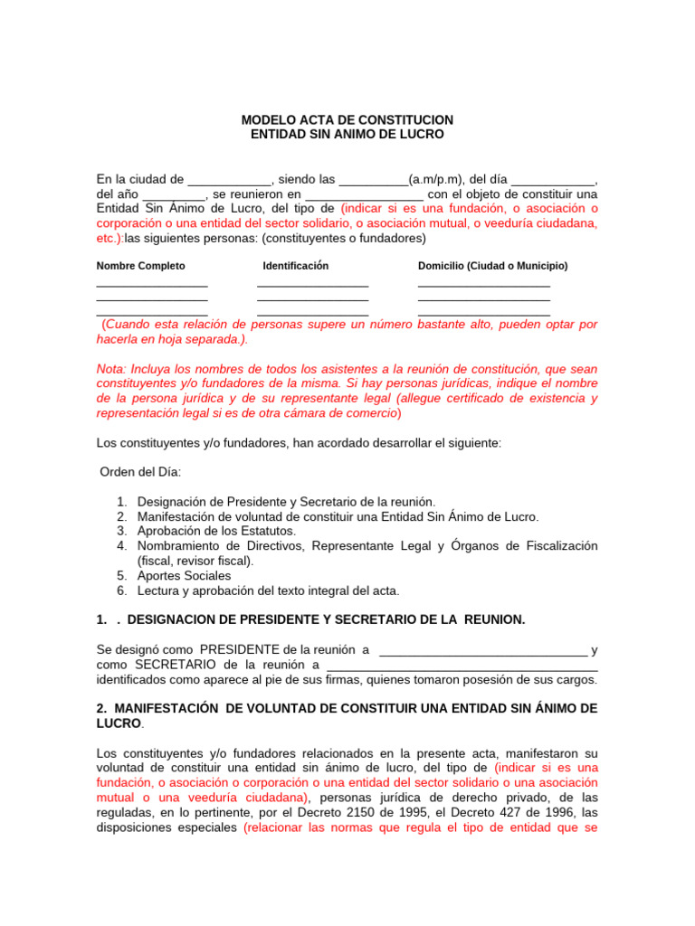 Modelo Acta Constitución Entidad Sin Ánimo de Lucro | PDF | Fundación