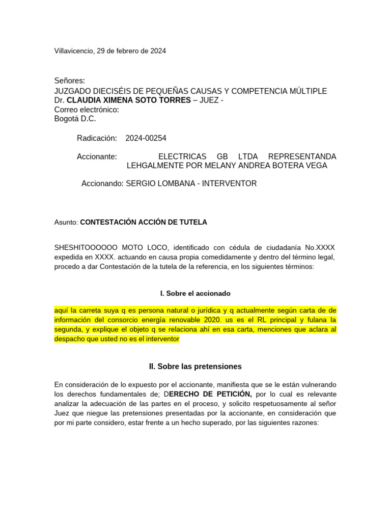 Contestación a Acción de Tutela en Villavicencio | PDF | Justicia ...