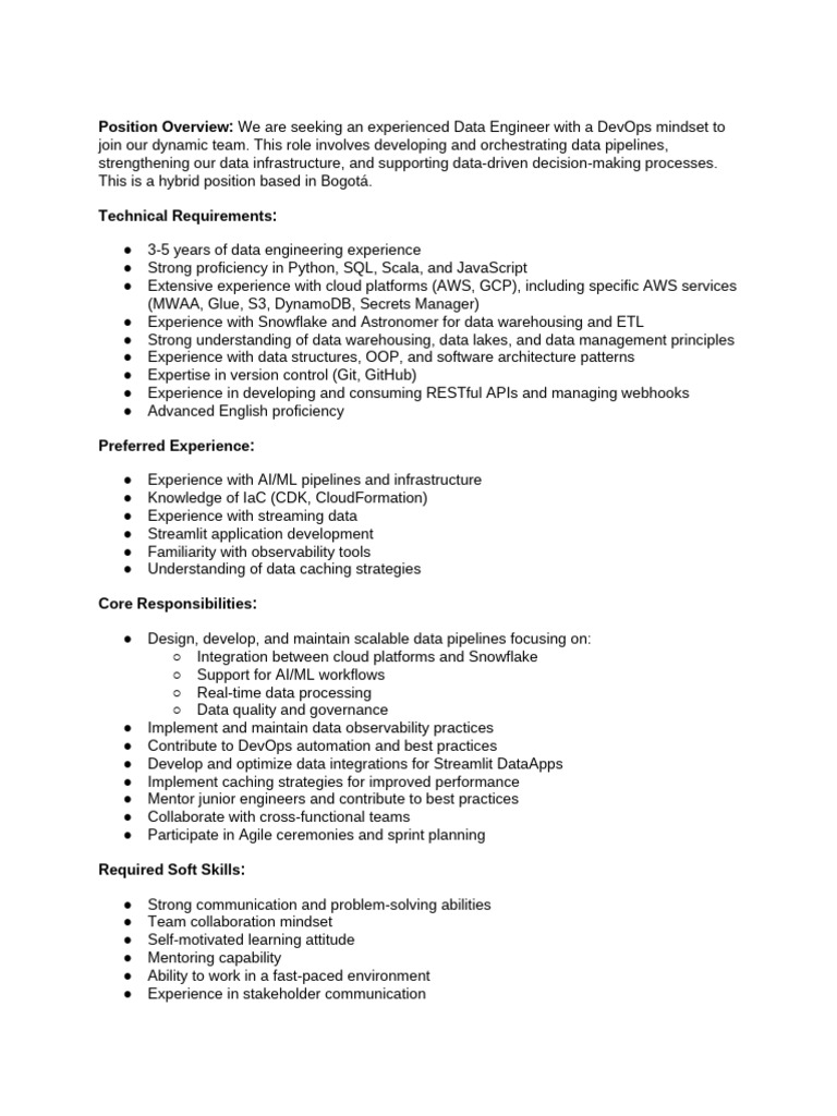 Data Engineer with DevOps Focus in Bogotá | PDF | Agile Software ...