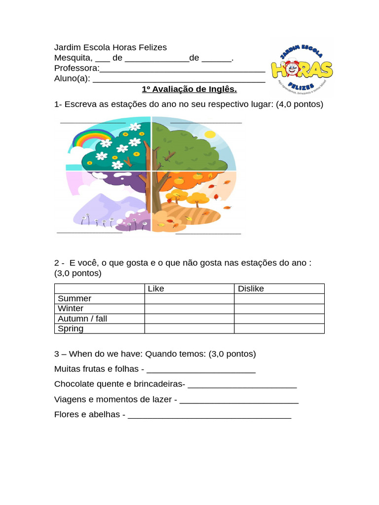 Avaliação de Inglês: Estações do Ano | PDF