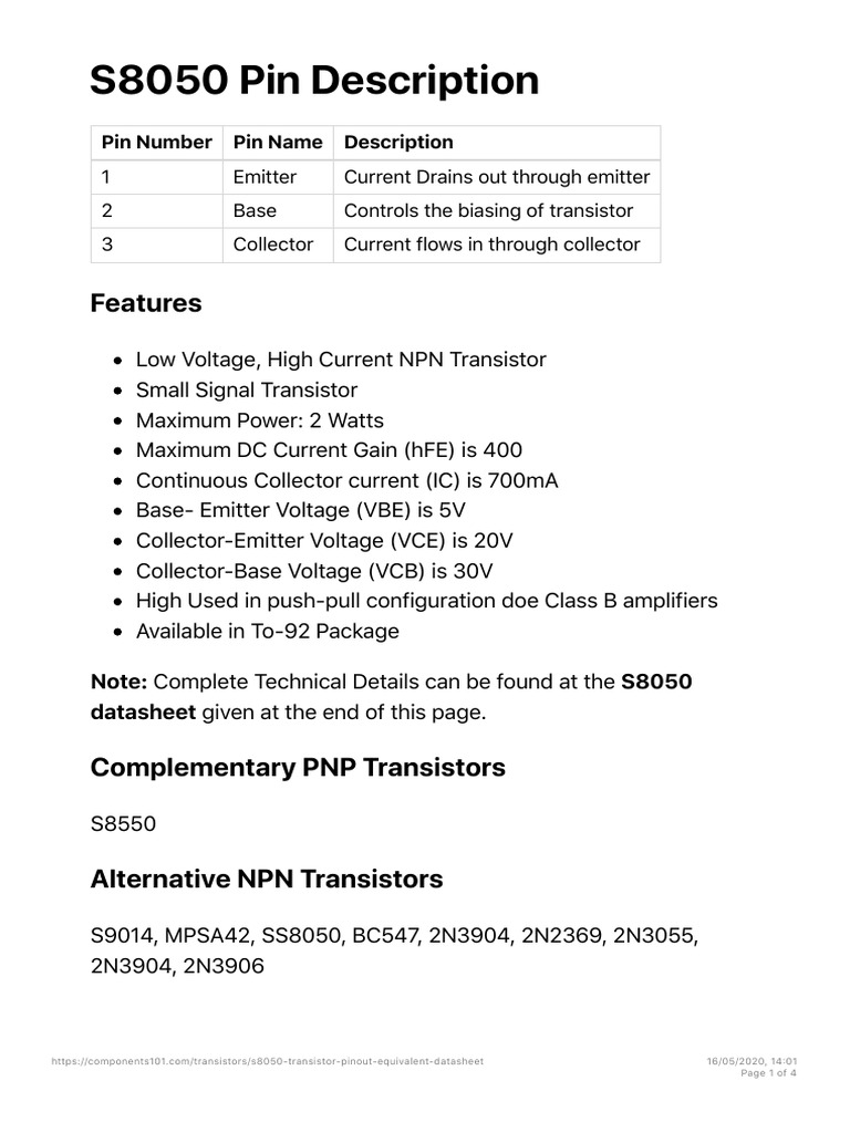 S8050 Transistor Pinout Features Equivalent Circuit Datasheet | PDF ...