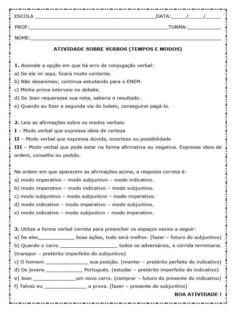 Atividade de Verbos: Tempos e Modos | PDF