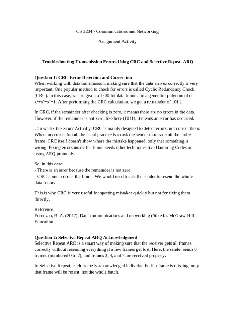 Troubleshooting CRC and Selective Repeat ARQ | PDF | Error Detection ...
