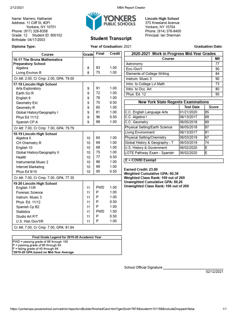 Student Transcript: 2020-2021 Work in Progress Mid-Year Grades | PDF ...