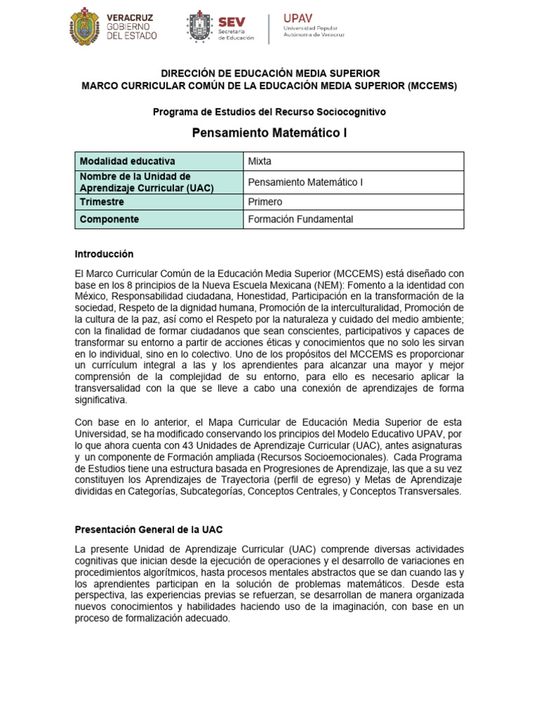 Programa de Pensamiento Matemático I | PDF | Matemáticas | Plan de estudios