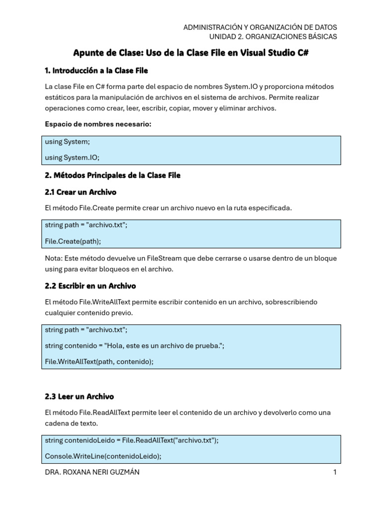Apunte de Clase FILE en Visual Studio C# | PDF | Archivo de computadora ...