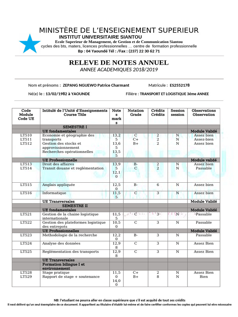 Relevé de Notes Siantou 2018/2019 | PDF | Business