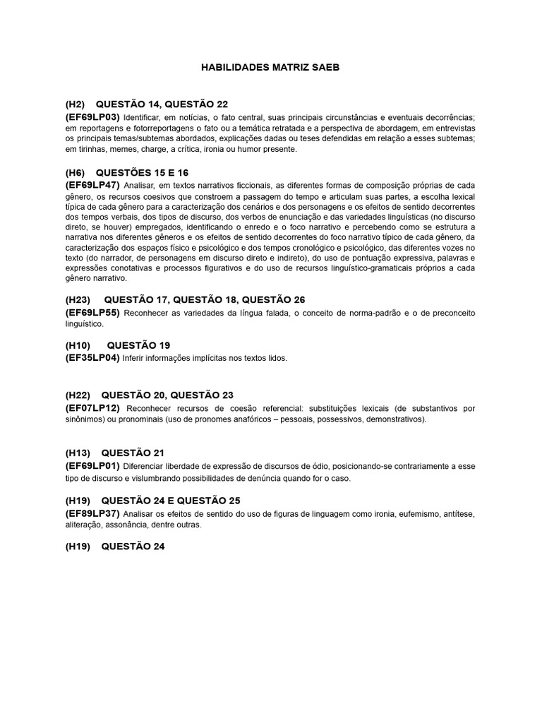 Habilidades da Nova Matriz SAEB 2025 | PDF