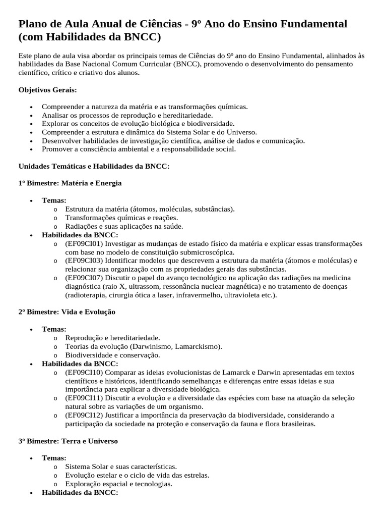 Plano de Aula de Ciências - 9º Ano BNCC | PDF | Science | Sistema Solar