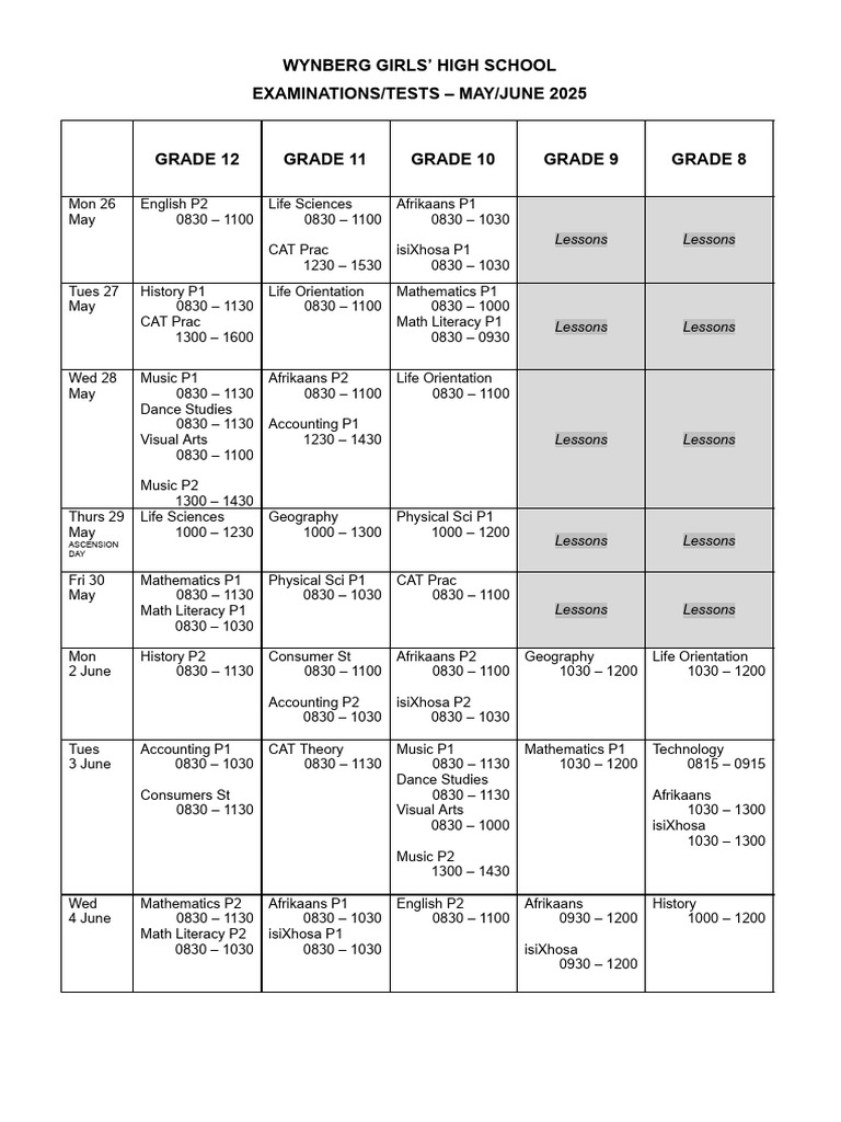 Exam & Test Timetable May-June 2025 | PDF | Science | Adolescence