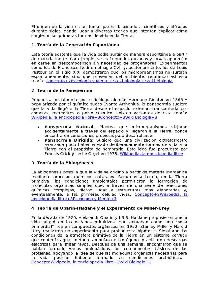 Teorías sobre el origen de la vida | PDF | Abiogénesis | Vida