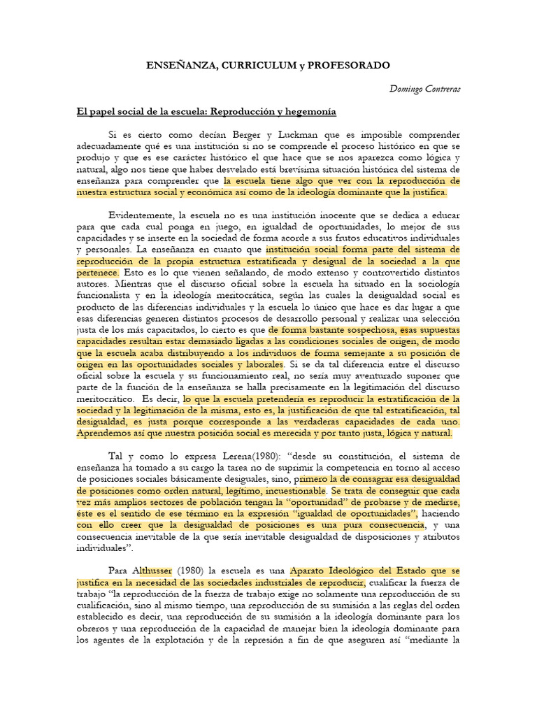 El Papel Social de La Escuela - CONTRERAS | PDF | Ideologías | Plan de ...