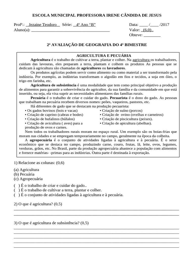 Avaliação de Geografia: Agricultura e Pecuária | PDF | Agricultura