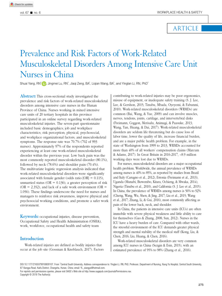Yang Et Al 2018 Prevalence and Risk Factors of Work Related ...