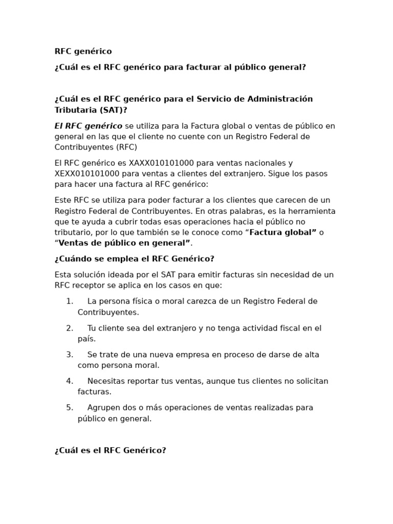 Cuál Es El RFC Genérico para Facturar Al Público General | PDF | Factura