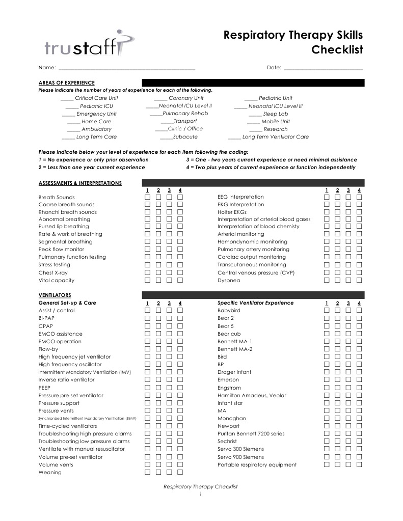 RT Skills Checklist Respiratory Diseases Lung