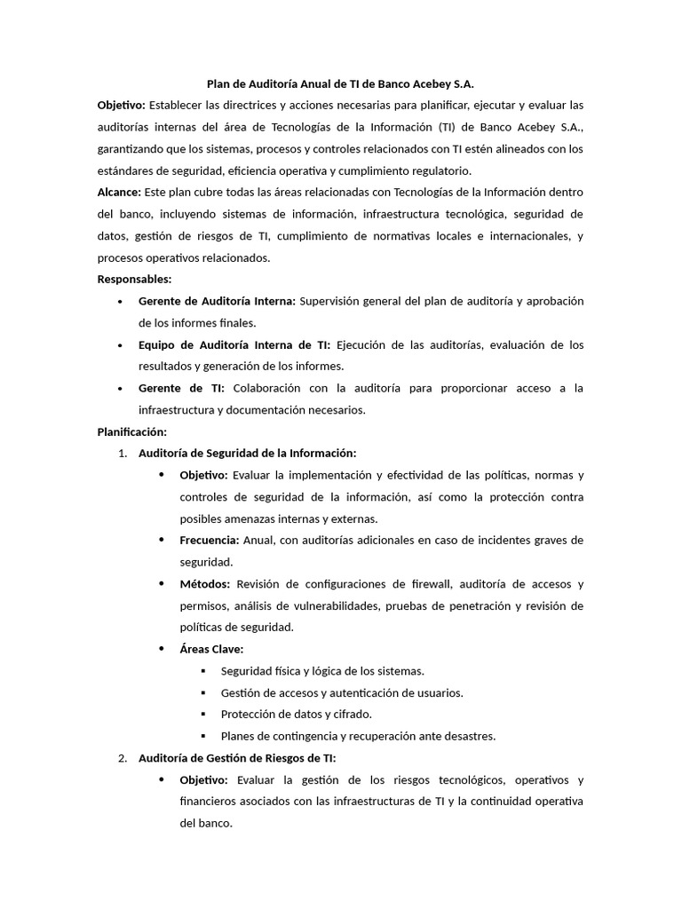 Auditoría Anual de TI en Banco Acebey | PDF | Auditoría | La seguridad ...