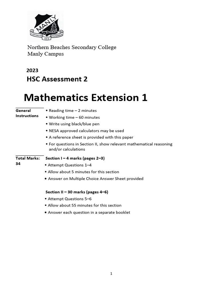 2023 Year 12 Extension 1 Assessment 2 + Solutions | PDF | Multiple ...