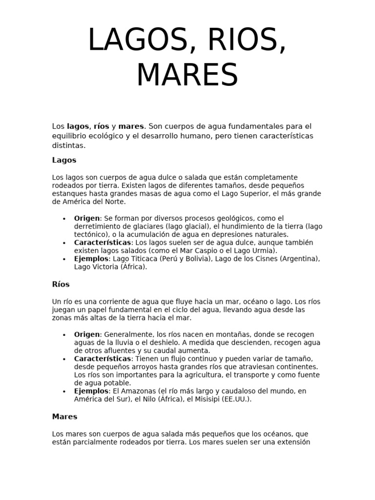 Características de Lagos, Ríos y Mares | PDF
