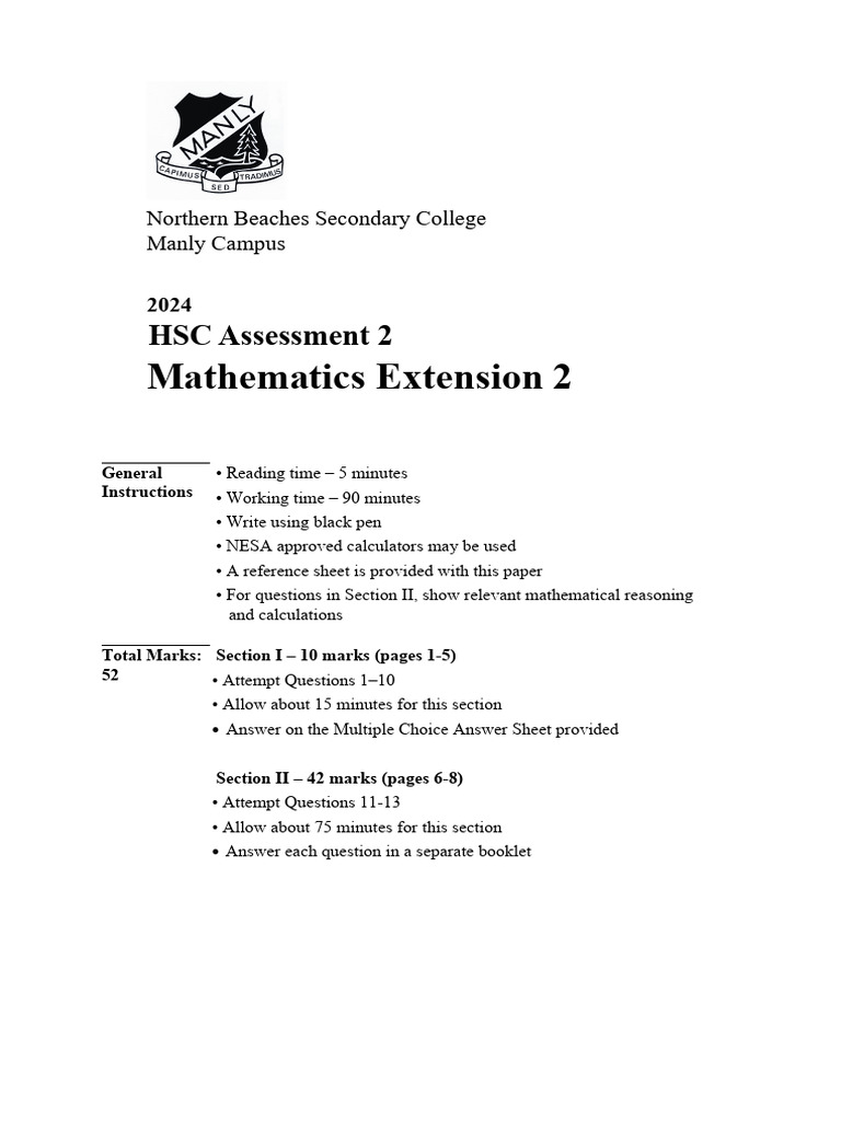 2024 HSC Maths Extension 2 Assessment | PDF | Numbers | Real Number