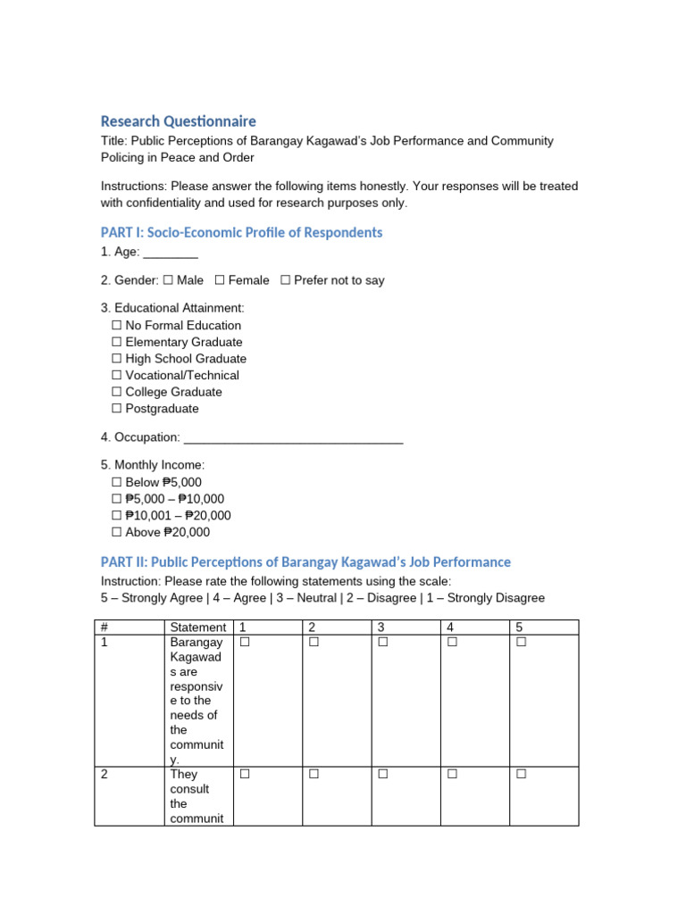 Barangay Kagawad Research Questionnaire | PDF | Psychology | Social ...