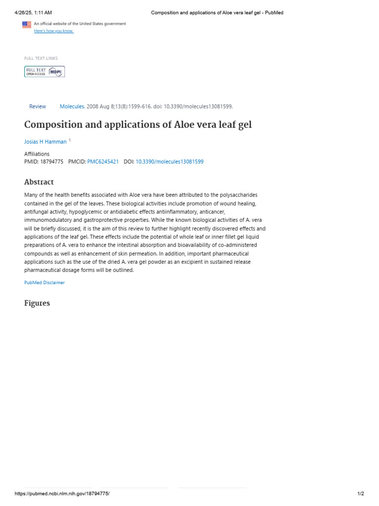 Composition and Applications of Aloe Vera Leaf Gel - PubMed | PDF