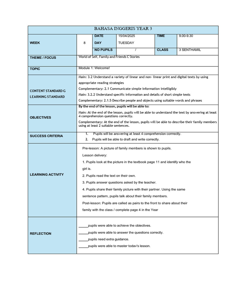 Bahasa Inggeris Year 3: Date DAY Time | PDF | Reading Comprehension |  Behavior Modification