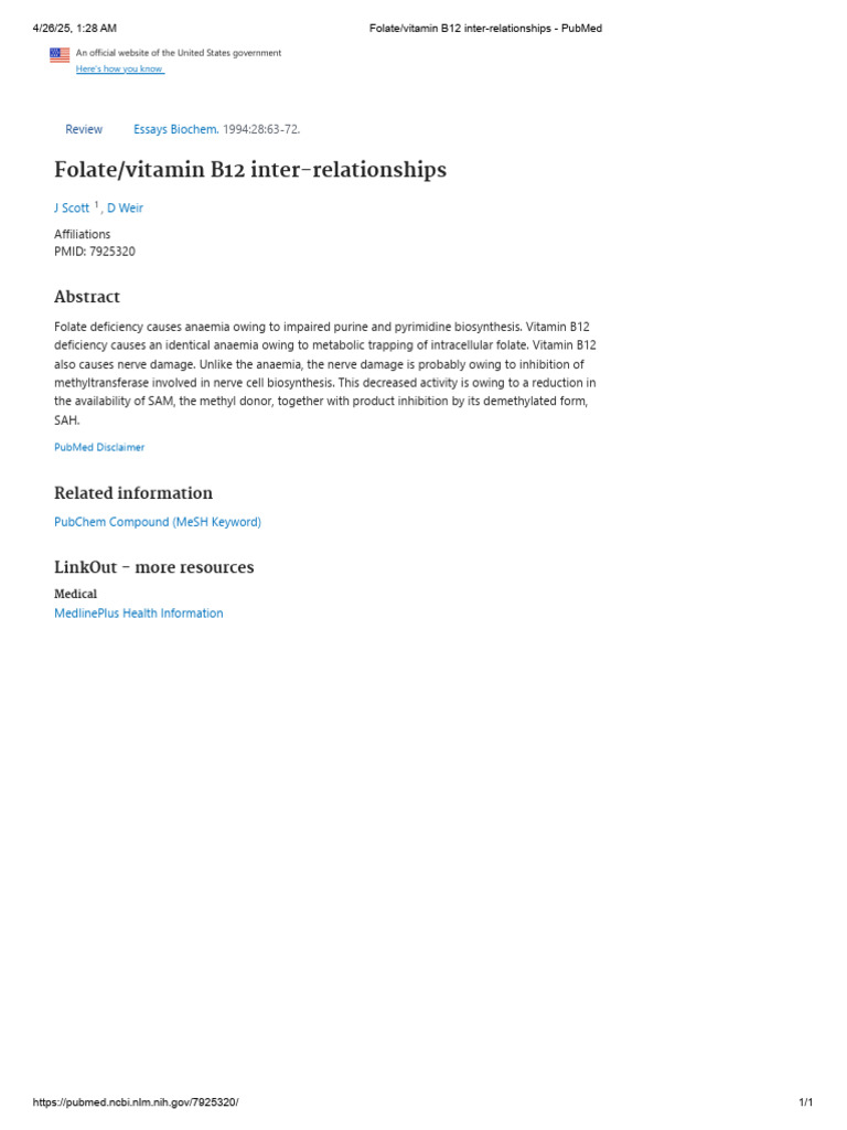 Folate and Vitamin B12 Inter-relationships | PDF