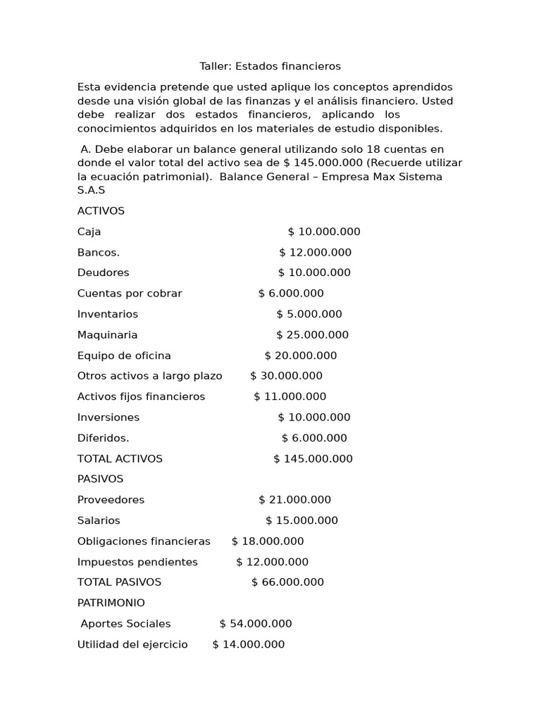 Taller de Estados Financieros S.A.S. | PDF | Hoja de balance | Estado ...