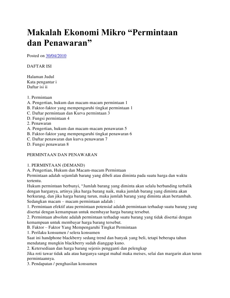 Makalah Ekonomi Mikro Permintaan Dan Penawaran