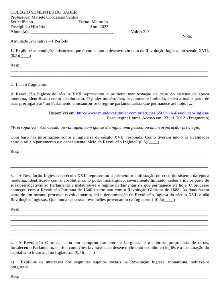 1° Atividade 8º Ano - I Período - 2023 | PDF | Inglaterra | Revoluções