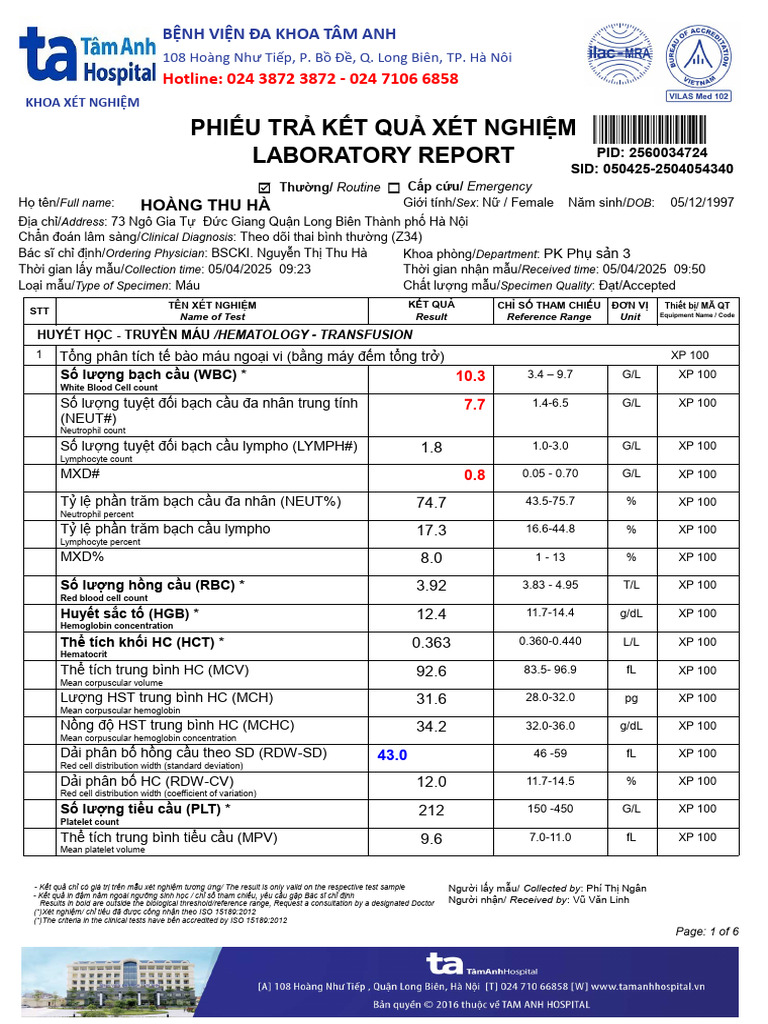 PHI UTR K TQU Xét Nghi M Laboratory Report: Hotline: 024 3872 3872 ...