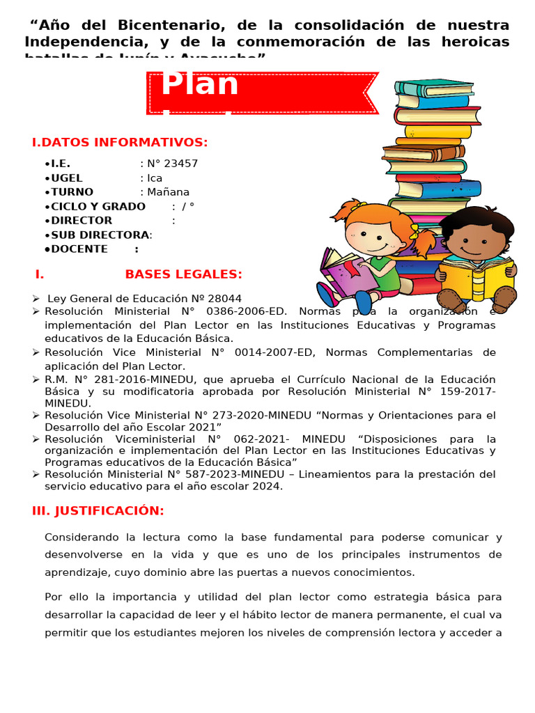 Plan Lector para Primer Grado 2024 | PDF | Maestros | Salón de clases