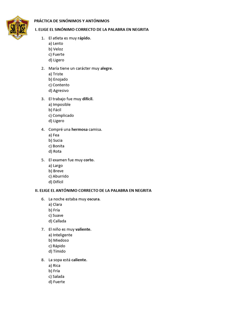 Práctica de Sinónimos y Antónimos | PDF