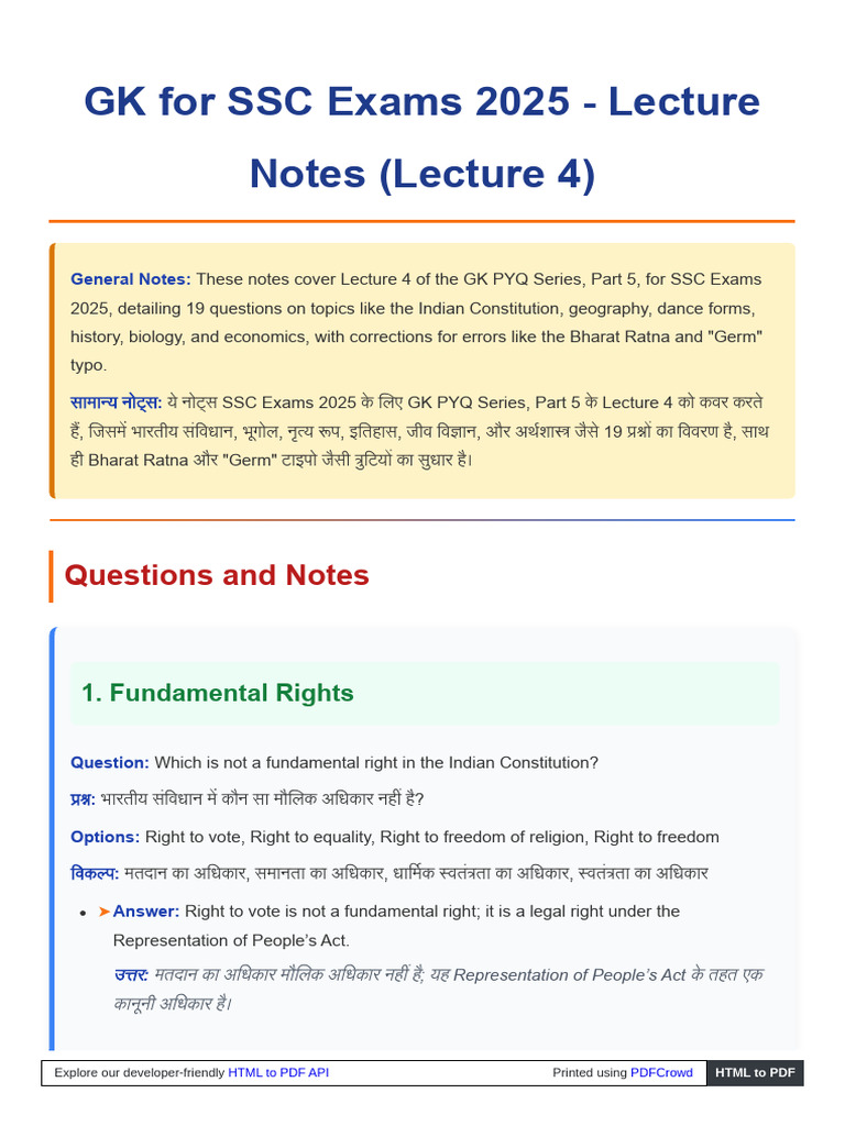 GK For SSC Exams 2025 - Lecture Notes (Lecture 4) | PDF