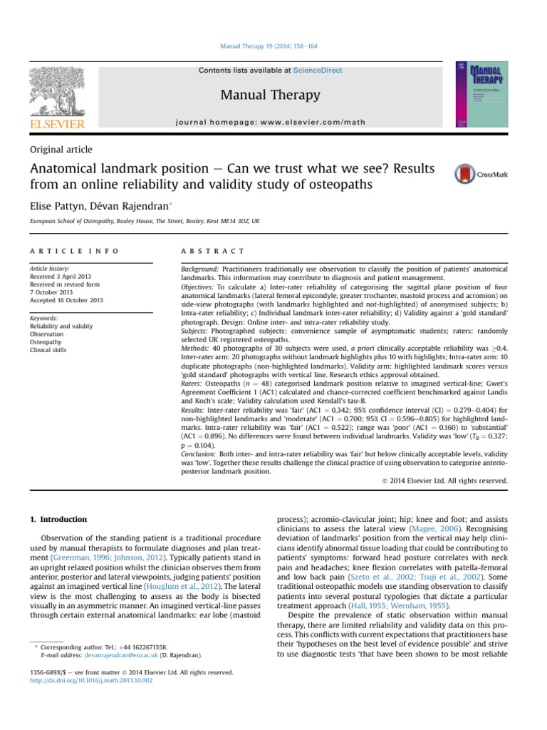 Reliability of Anatomical Landmark Assessment | PDF