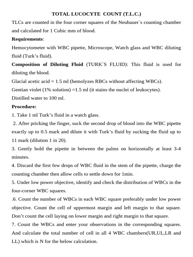 Total Leukocyte Count Procedure | PDF | White Blood Cell | Blood